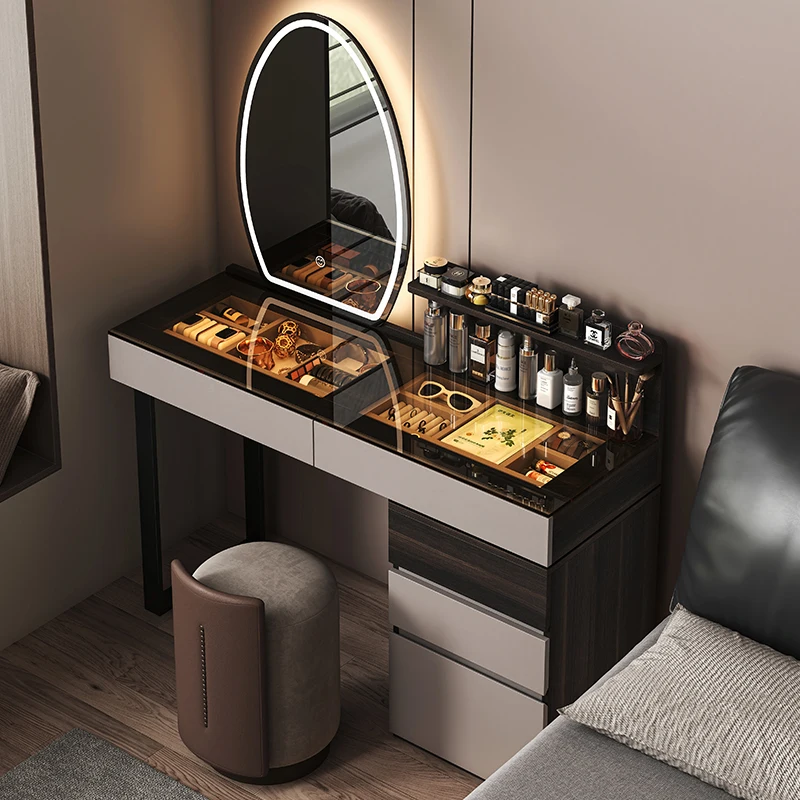 Goldoma Minimalist Modern Dressing Table with Mirror and Stool