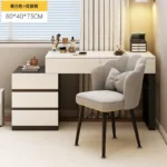 Modern wooden dressing table with mirror and 5 drawers – makeup vanity desk with LED lights and stool in bedroom setting
