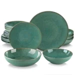 Vancasso KARST green stoneware dinner set with embossed plates and bowls on a rustic wooden table