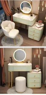 French white wooden dressing table with mirror and stool in a modern bedroom setting