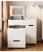 Modern white LED vanity dresser with mirror and stool - complete makeup table set for bedroom | Goldoma