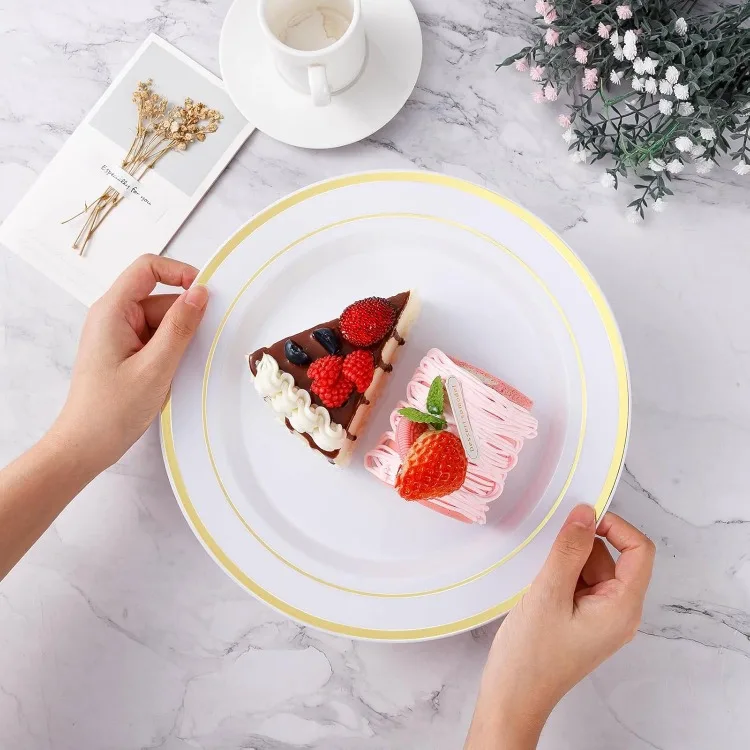 100PCS Gold Plastic Plate, 10.25 Inch Disposable Dinner Plate Party with Gold Rim, Heavy Duty Disposable Plastic Plates for Part