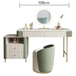 Modern dresser with mirror and stool – 2-drawer makeup vanity table in a minimalist bedroom setting
