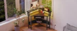 JHK Corner Desk Office Computer Desk for Small Space with LED Lights Gaming Table with Storage Shelves Power Outlets For