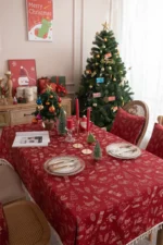 Beautiful Merry Christmas Red Jacquard Christmas Tree Bell Deer Tassel Tablecloth Tea Table Tablecloth Cover Towel