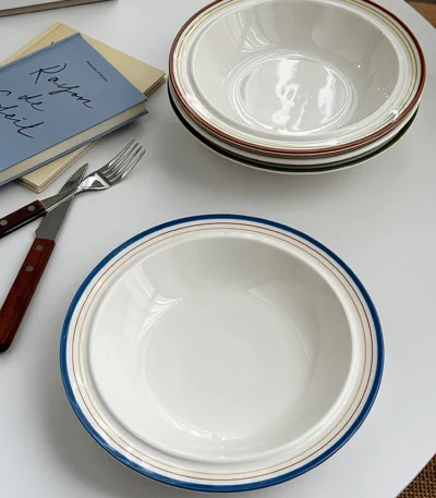 Anmuli Ceramic Stripe Pattern Small Soup Bowl Rice Bowl Korean Style Pure Color Dinnerware Durable Daily Use Kitchenware