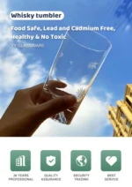 Transparent snow mountain whiskey glasses with Mount Fuji shape on a wooden table