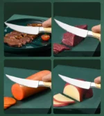 Elegant gold flatware set with steak knife, fork, and spoon on a dark table