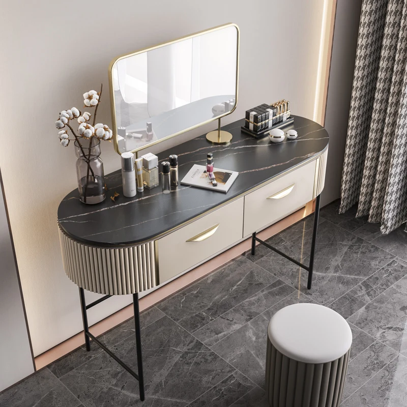 Goldoma Minimalist Stone Tabletop Dresser with Storage & Mirror