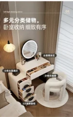 Modern white wood dressing table with mirror and three drawers in bedroom setting