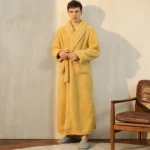 Men Plush Long Fleece Bathrobe Soft Terry Cloth Robe with Belt Multi-Color Cozy Loungewear for Unisex Warm Winter Sleep Robe