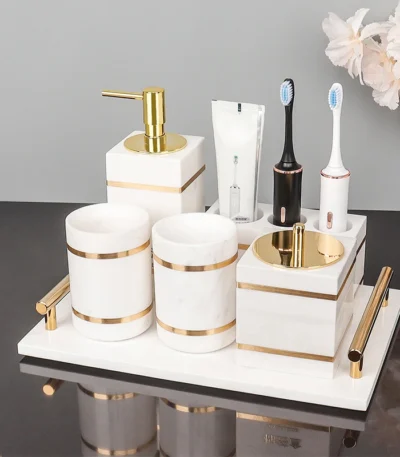 Volakos White Natural Marble Bathroom Accessories Golden Luxury Soap Dish Soap Dispenser Toothbrush Holder Tray Bathroom Set