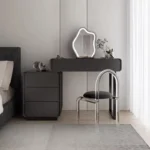Modern makeup vanity table with mirror and storage drawer in bedroom setting