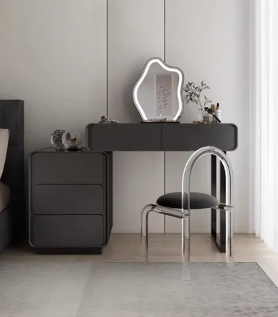 Modern makeup vanity table with mirror and storage drawer in bedroom setting
