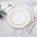 100PCS Gold Plastic Plate, 10.25 Inch Disposable Dinner Plate Party with Gold Rim, Heavy Duty Disposable Plastic Plates for