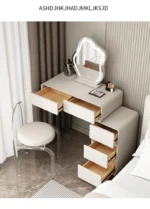 Modern minimalist vanity table with mirror and stool, wood construction, bedroom furniture