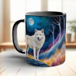 Moon coffee mug with white wolf design on ceramic surface