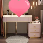 French white wooden dressing table with mirror and stool in a modern bedroom setting