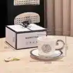 3D Camellia Embossed Ceramic Coffee Cup with Saucer Set, Luxury Mug, Vintage Floral Tea Cup 300ml, Gift for Her Home &