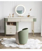 Modern dressing table set with two drawers, mirror, and stool in a bedroom setting