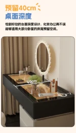 Minimalist modern dressing table with mirror and stool in a bedroom setting with 4 drawers and 4 doors