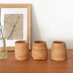 Rattan Pencil Holder, Handmade Wicker Pen Cup Makeup Brushes Holder, Woven Vine Desk Organizer Pen Container Box – side view