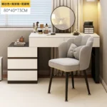 Modern wooden dressing table with mirror and 5 drawers – makeup vanity desk with LED lights and stool in bedroom setting