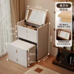 Wooden makeup vanity with mirror and stool in a modern bedroom setting