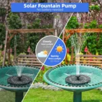 Outdoor bird bath fountain with solar panel and water spray in a garden