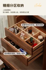 Wooden makeup vanity with mirror and stool in a modern bedroom setting