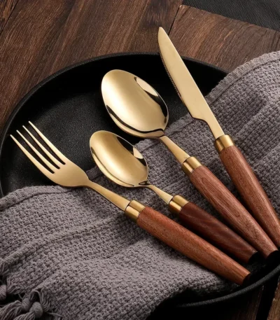4pcs Wooden Handle Cutlery Set Stainless Steel Knife Fork Spoon Suit Sapele Wooden Western Flatware Dishwasher Safe Kitchen