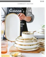 Nordic Style Gold Inlay Bright White Porcelain Dinner Sets Ceramic Bowl Dish Plates Set Porcelain Dinnerware For Household