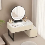 Modern minimalist dressing table with storage shelf for makeup organization in a bedroom