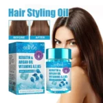 Magic Hair Vitamin Capsule Keratin Oil bottle with pump, top-down view on white surface
