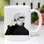 Anime coffee mug with Jujutsu Kaisen Gojo Satoru surrounded by water design on white ceramic