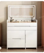 Modern white LED vanity dresser with mirror and stool - complete makeup table set for bedroom | Goldoma