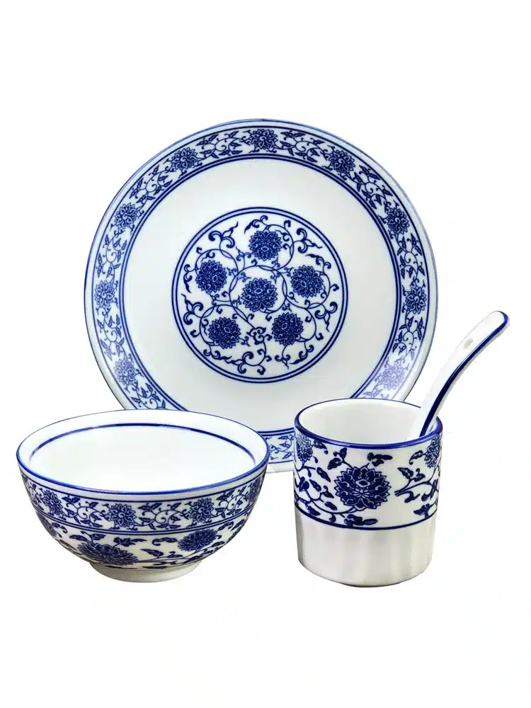 Chinese Sle Cerc Blue And White Dinnerware Set Thiened Bone Bowl Plate Tea Cup Spoon Four-Piece Table Setting
