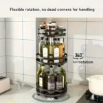 3-tier rotating spice rack filled with spice jars on a kitchen counter, 360-degree view