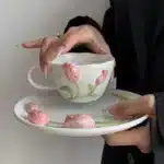European Relief Ceramic Tulip Cup Afternoon Tea Dessert Pastry Tea Cup Painted Flowers Coffee Mug Couple's Water Cup Café