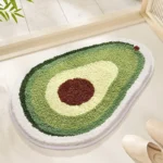Colorful funny fruit bath mat featuring a smiling watermelon cartoon on a non-slip microfiber rug in a modern bathroom
