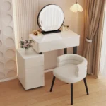 Modern vanity table with mirror and storage drawers in a bedroom setting