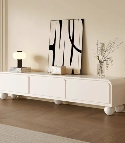 Nordic wood TV stand with drawers in a modern living room corner, featuring clean lines and ample storage