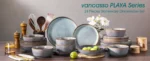Grey-blue reactive glaze stoneware dinnerware set with plates and bowls on wooden table