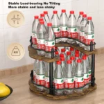 Kitchen countertop organizer with 360° rotating wooden spice rack holding oil, salt, and soy sauce bottles
