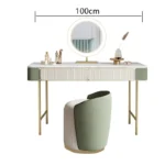 Modern dresser with mirror and stool – 2-drawer makeup vanity table in a minimalist bedroom setting