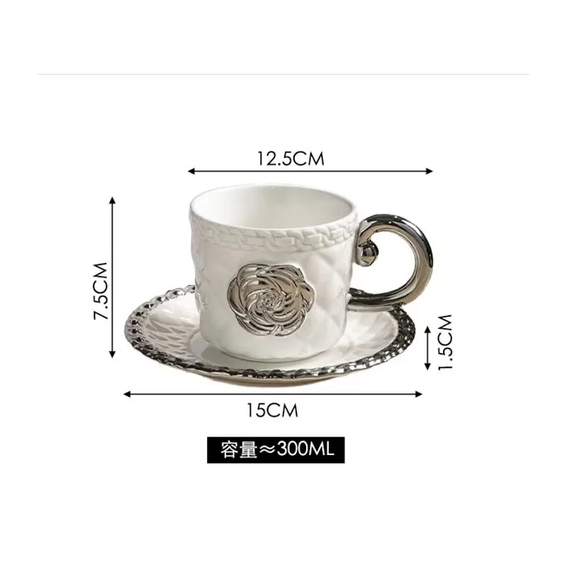3D Camellia Embossed Ceramic Coffee Cup with Saucer Set, Luxury Mug, Vintage Floral Tea Cup 300ml, Gift for Her Home & Office