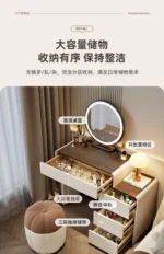 Modern makeup vanity desk with mirror and stool in cream finish - Goldoma