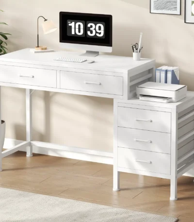 JHK 51IN Computer Desk with 5 Drawers Small Office Desk Computer Table with Printer Stand and Storage for Studying Writing