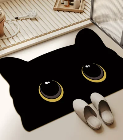 Cute Black Cat Shaped Quick-Dry Diatomaceous Earth Bath Mat Funny Cat Lovers Soft Diatom Mud Absorbent Floor Mat