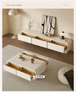 Nordic wood TV stand with drawers in a modern living room corner, featuring clean lines and ample storage